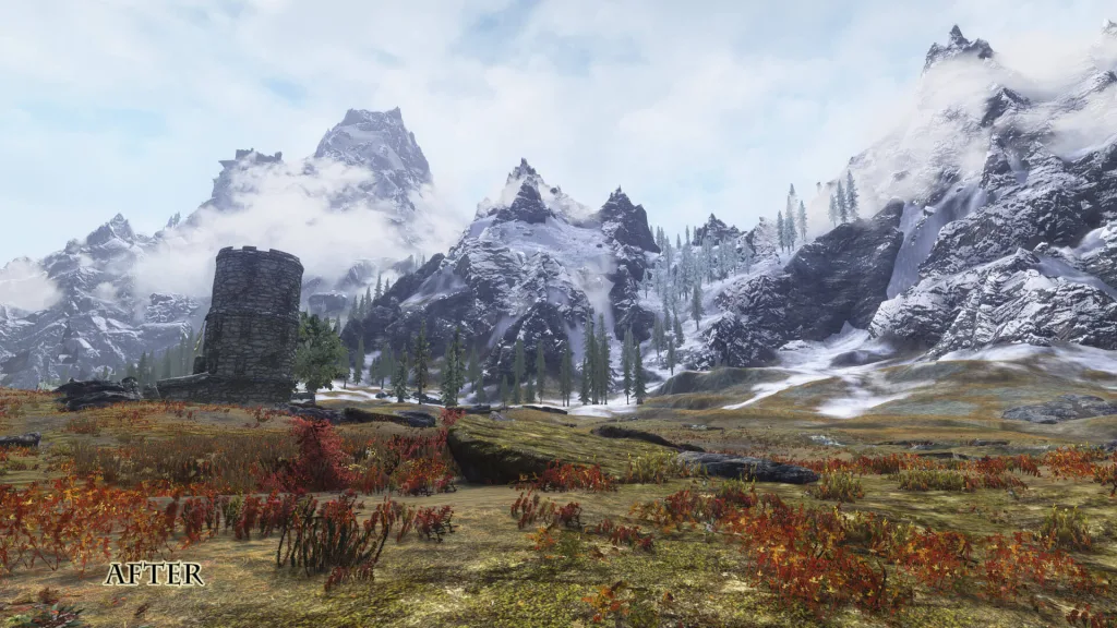 Моды для Skyrim заменяют размытые LOD текстуры высококачественными 2K текстурами, а также удаляют цветные полосы на небе