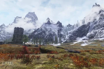 Моды для Skyrim заменяют размытые LOD текстуры высококачественными 2K текстурами, а также удаляют цветные полосы на небе