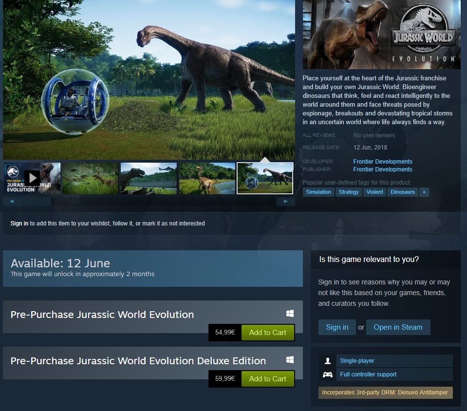 Jurassic World Evolution будет использовать технологию Denuvo