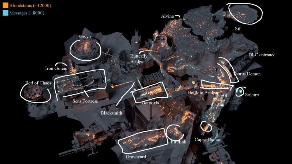 Карта смертей Dark Souls показывает, что много народу гибнет в локации Firelink Shrine