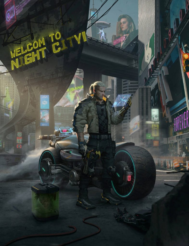 Фанарт Cyberpunk 2077 — ведьмак Геральт в ночном городе