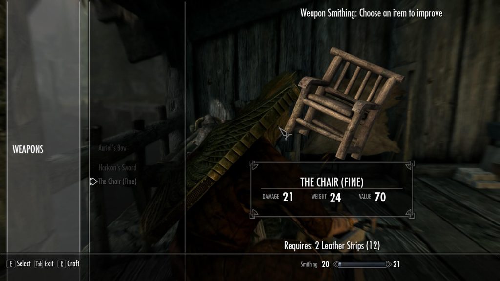 Мод для Skyrim превращает обыкновенный стул в мощное двуручное оружие